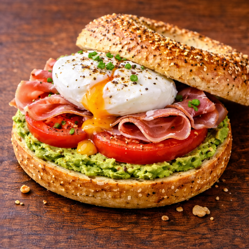 BAGEL DE TOMATE, AGUACATE, JAMÓN DE RESERVA Y HUEVO POCHÉ