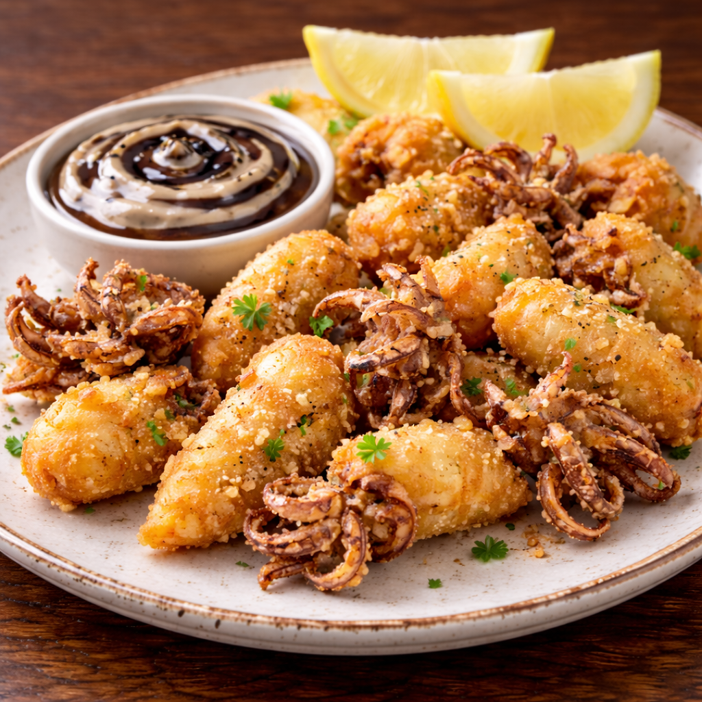 CHIPIRONES FRITOS CON ALIOLI DE AJO NEGRO