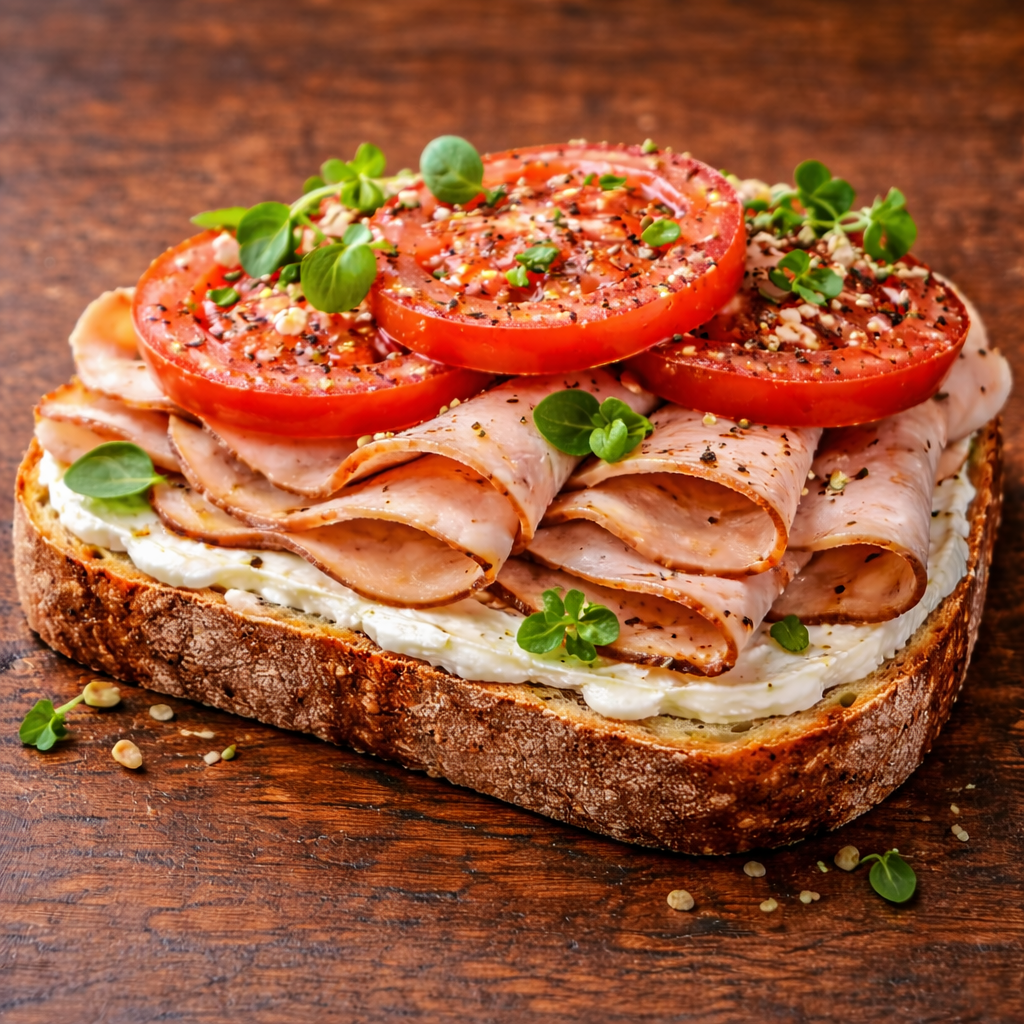 TOSTA DE TOMATE Y PAVO BRASEADO